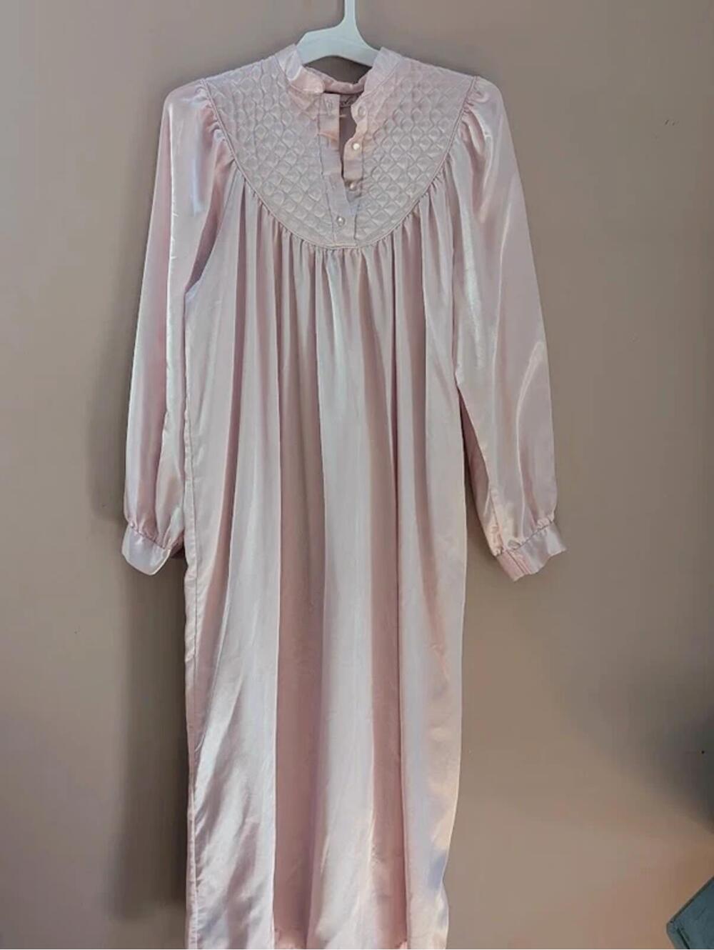 Vintage Pink Satin Nightgown, Quilted Yoke Coquette Cottagecore Dress